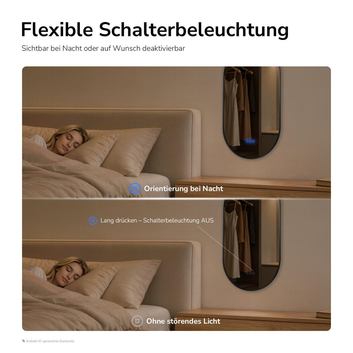 BADSPIEGEL oval mit LED-Beleuchtung 45 x 75 cm Antibeschlag Schwarz - Schwarz, Glas (75/45/2cm) - EMKE