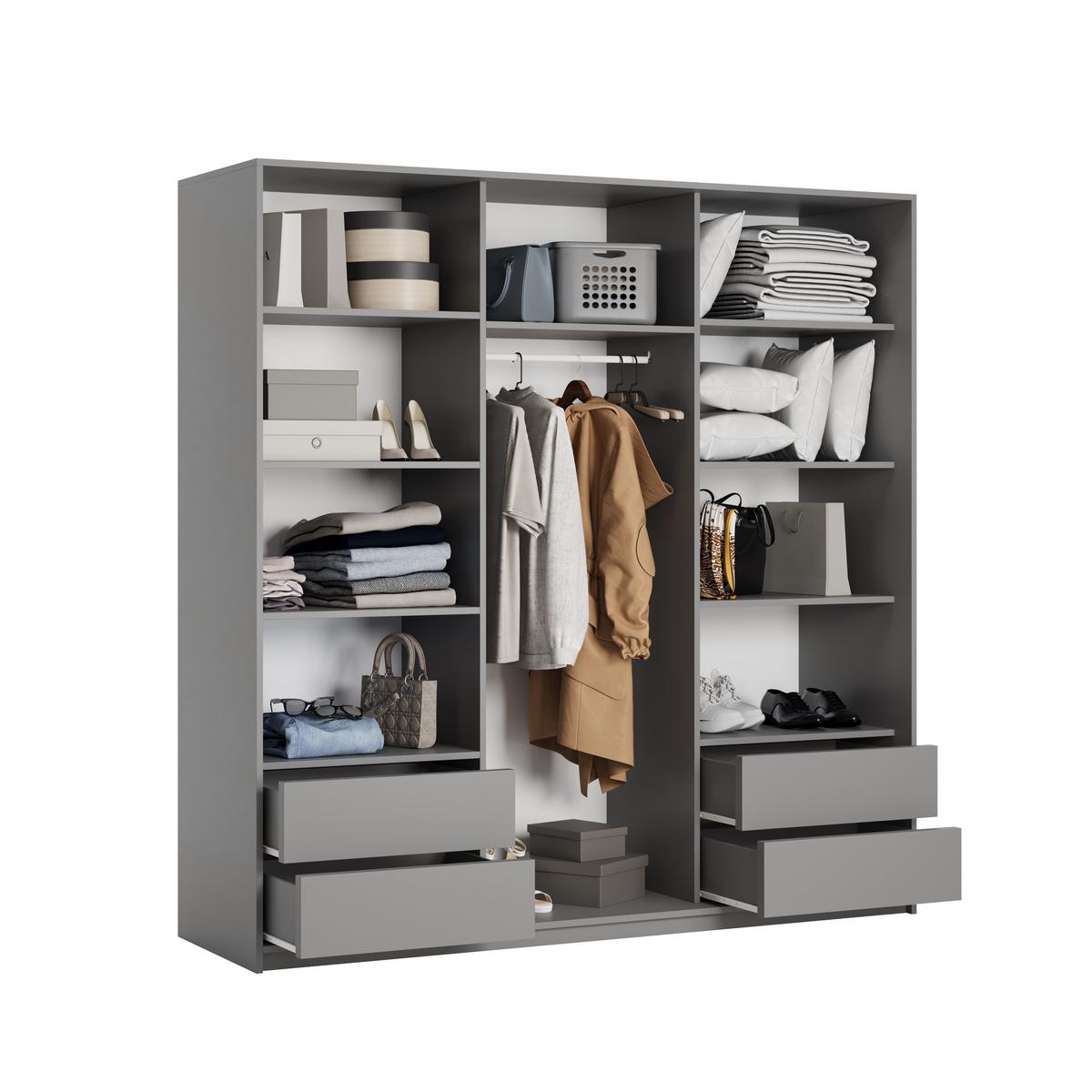 SCHWEBETÜRENSCHRANK VARO 180/205/60 cm 3-türig mit Spiegel und Schubladen Graphitfarben - Graphitfarben/Schwarz, Holzwerkstoff (180/205/60cm) - MASSENO