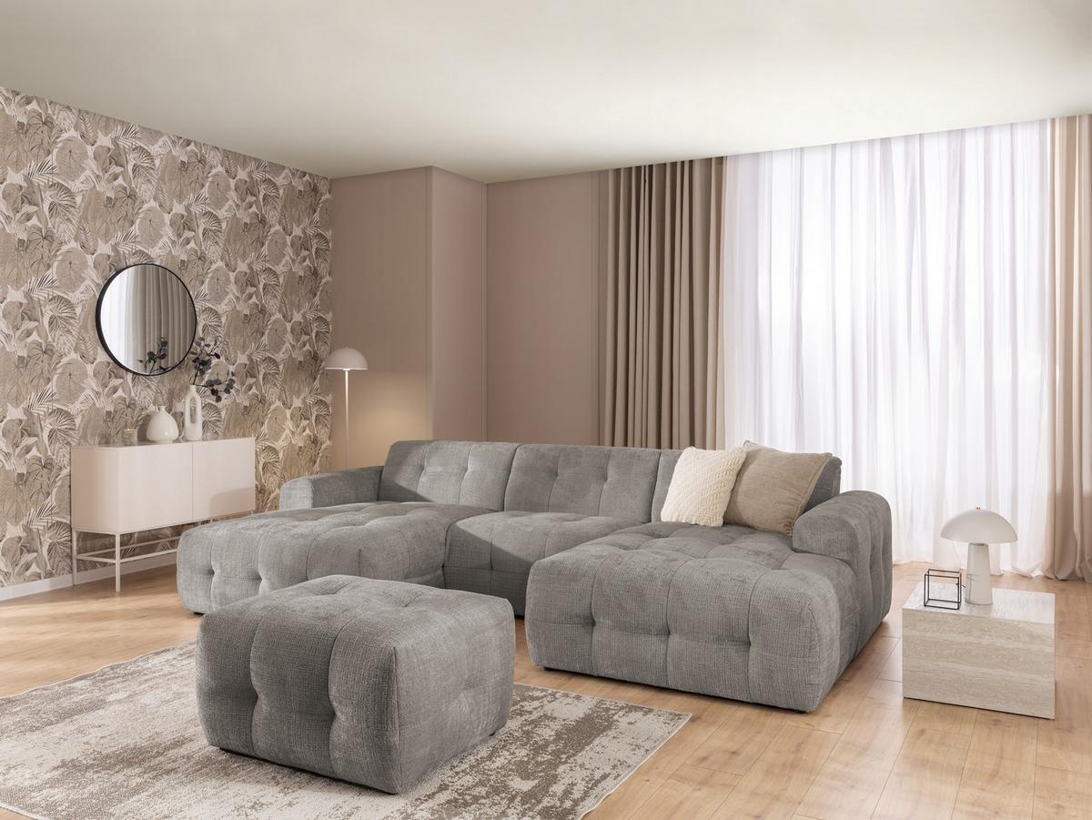 WOHNLANDSCHAFT inkl. Hocker Kozy im Bumpy-Design mit Schlaffunktion und fester Rückenlehne aus weichem Taupe Chenille-Stoff - Taupe/Schwarz, Holz/Kunststoff (323/79/161cm) - S-Style