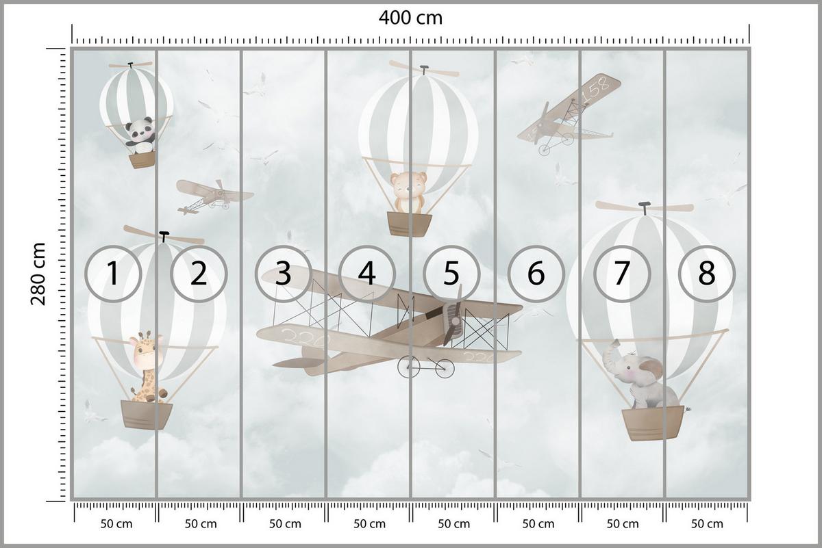 FOTOTAPETE für Kinderzimmer Ballons Tiere Wolken Flugzeuge Fantasie Retro 400x280 - Beige/Braun, Papier (400/280cm) - Muralo