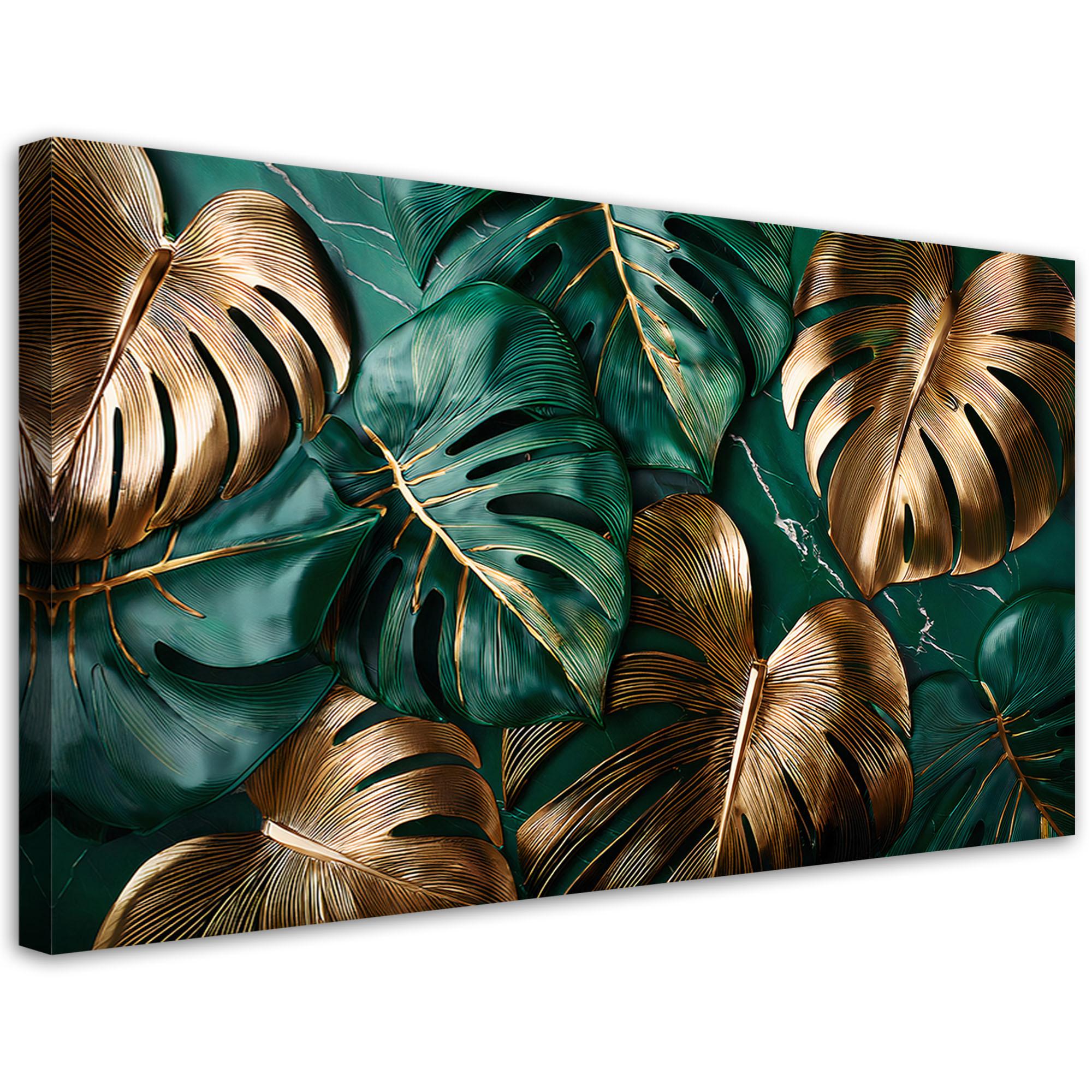 LEINWANDBILD Goldgrüne Monstera-Blätter 120x60cm - Grün, Textil (120/60cm) - Feeby