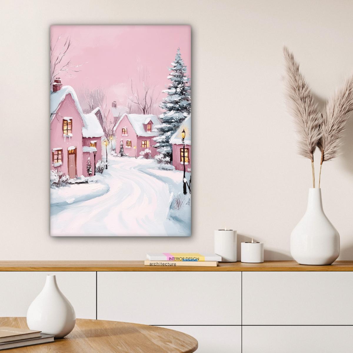 LEINWANDBILD Weihnachtsdorf - Rosa - Winter - Schnee - Häuser Wanddeko Schlafzimmer 60x90 cm - Altrosa, Textil (60/90cm) - MuchoWow