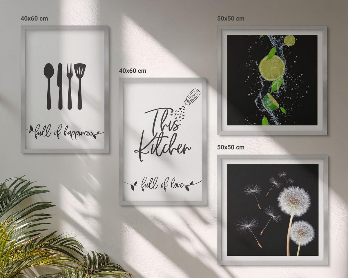 BILDER SET 4er Set - 50x50 cm & 40x60 cm Silberner Rahmen - Löwenzahn-Kalk-Kücheninschriften - Silberfarben, Kunststoff (50/50cm) - TULUP