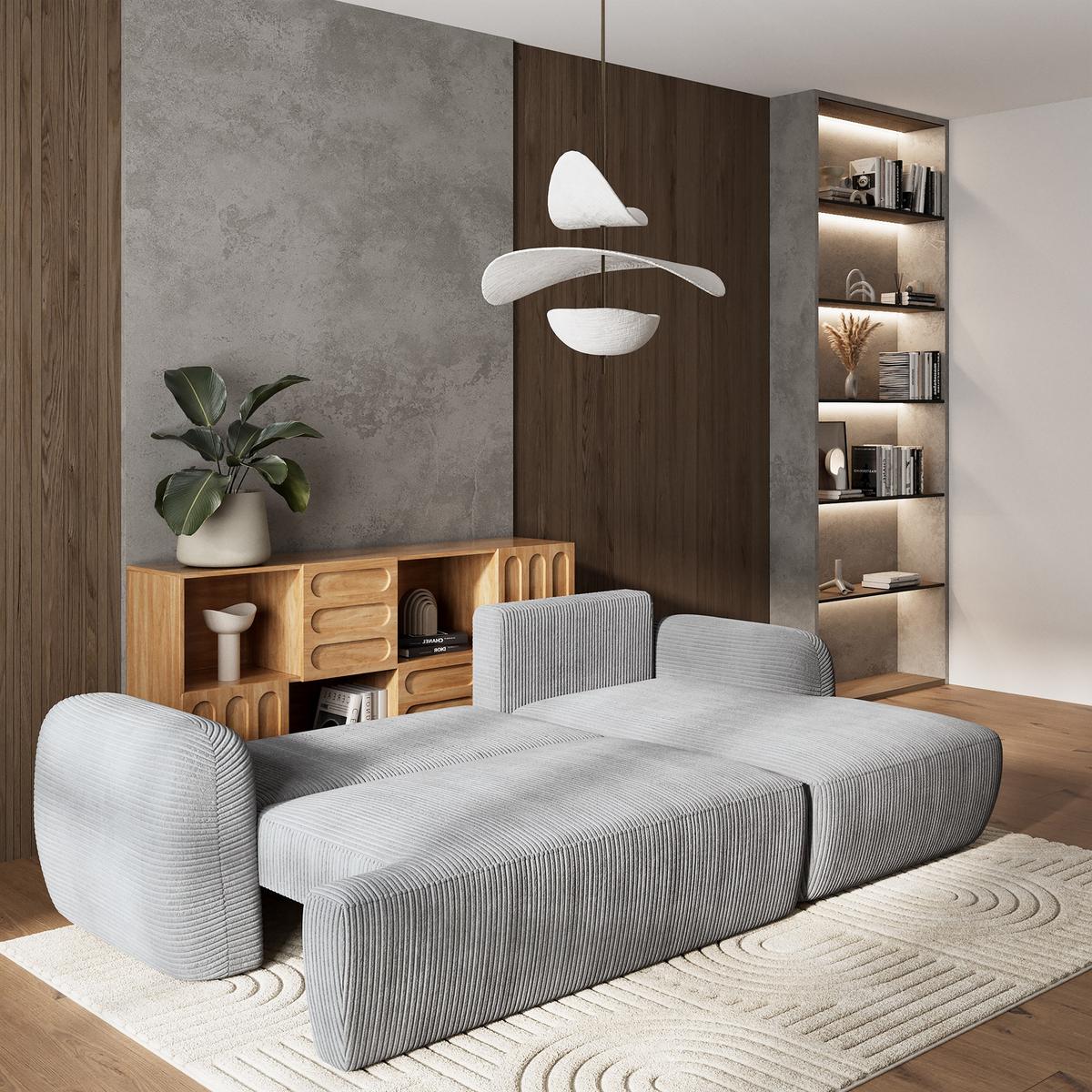 ECKSOFA MODENZA P R-S Hellgrau Kordstoff mit Schlaffunktion - Hellgrau/Schwarz, Holz/Kunststoff (266/148cm) - MASSENO
