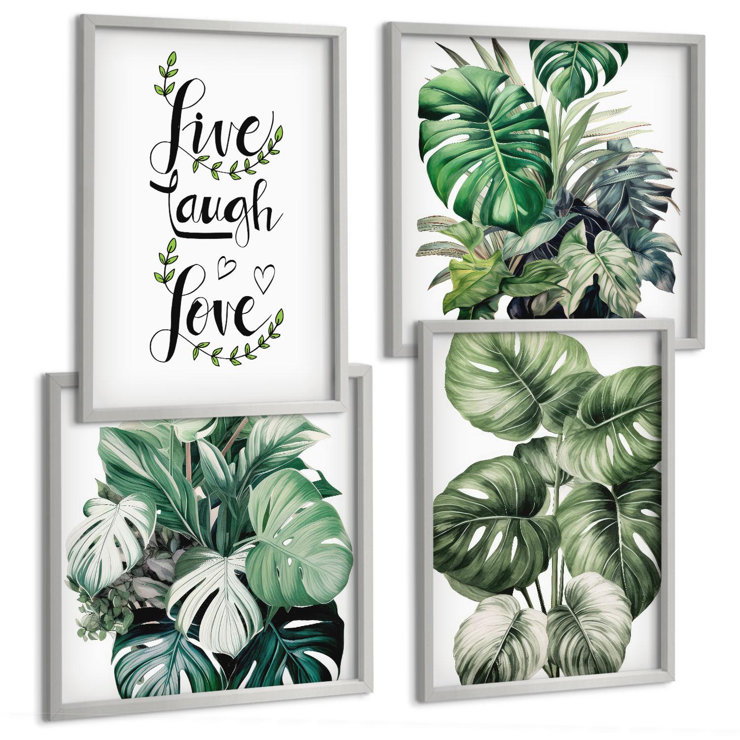 BILDER SET 4er Set - 50x50 cm & 40x60 cm Silberner Rahmen - Blattpflanzen leben, lachen, lieben - Silberfarben, Kunststoff (50/50cm) - TULUP