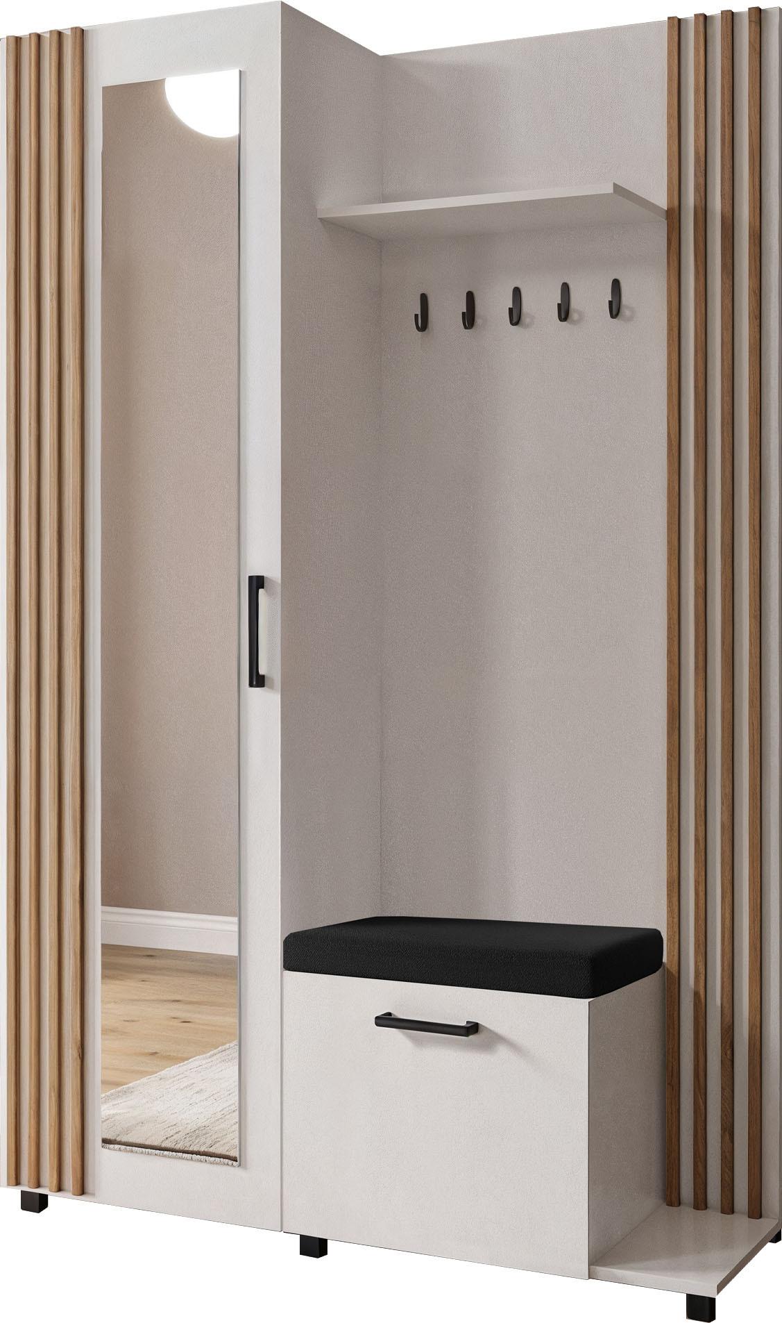 GARDEROBE Linaro mit Spiegel, Sitzbank in Lamellen-Optik 137/207/42 cm, Rechts - Schwarz/Weiß, Holzwerkstoff (137/207/42cm) - WFL GROUP