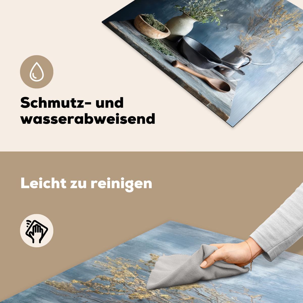 HERDABDECKPLATTE Stilleben - Kräuter - Rustikal Herdabdeckung Induktionsfeld 65x52 cm - Blaugrau, Kunststoff (65/52/0.2cm) - MuchoWow