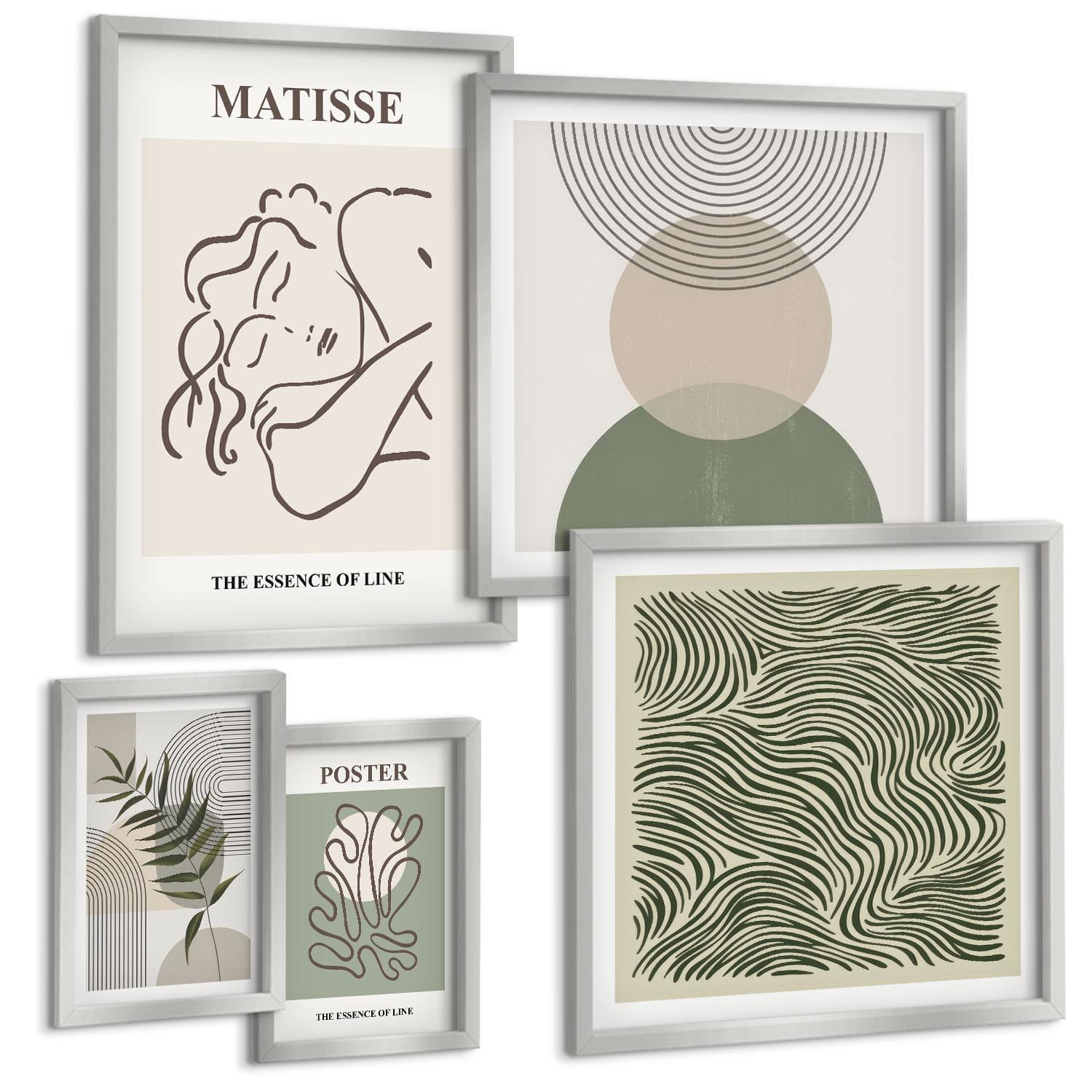 BILDER SET 5er Set - 50x50 cm & 20x30 cm & 40x60 cm Silberner Rahmen - Geometrische botanische Muster - Silberfarben, Kunststoff (40/60cm) - TULUP
