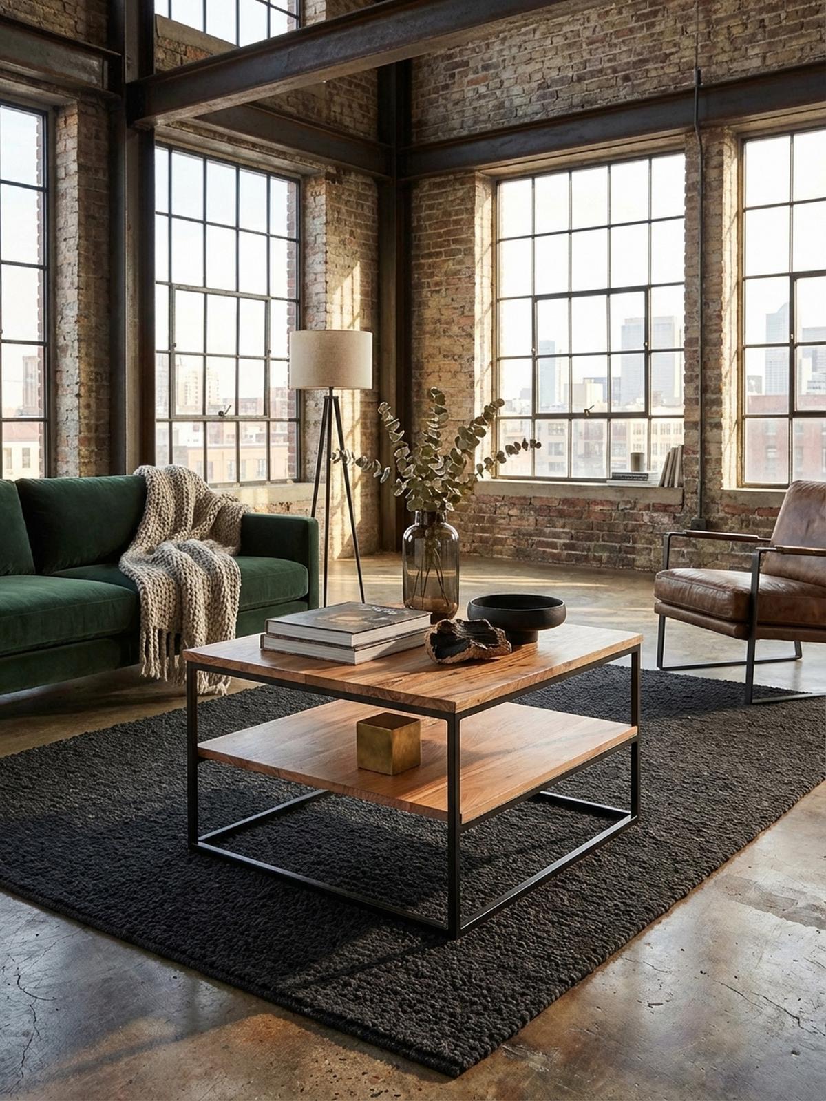 COUCHTISCH Industrial, Akazienholz mit Metallbeinen, zwei Ablageflächen - Beige/Schwarz, Holz/Metall (60/60/41cm) - KADIMA DESIGN