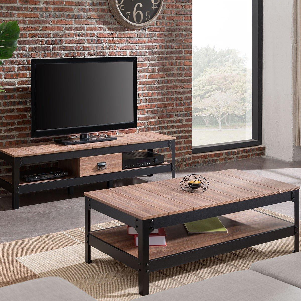 COUCHTISCH aus schwarzem Metall und Holz - L117cm - Schwarz, Holzwerkstoff (117.3/60/40cm) - Calicosy