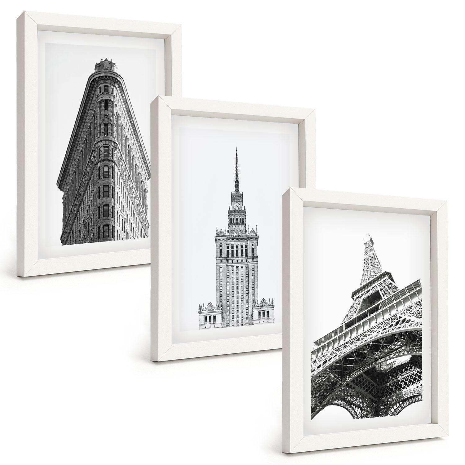 BILDER SET 3er Set - 20x30 cm Weißer Rahmen - Architektonische Schwarz-Weiß-Gebäude - Weiß, Kunststoff (20/30cm) - TULUP