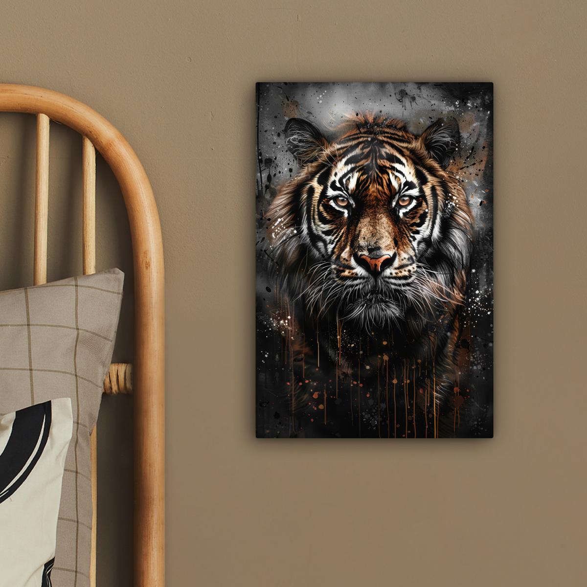 LEINWANDBILD Tiger - Tiere - Porträt - Luxus - Schwarz Deko Wohnzimmer 20x30 cm - Anthrazit, Textil (20/30cm) - MuchoWow