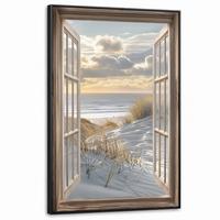 LEINWAND Bilder mit Rahmen - Ausblick - Strand - Dünen - Meer - Natur - 80x120 - Sandfarben, Textil (80/120cm) - MuchoWow