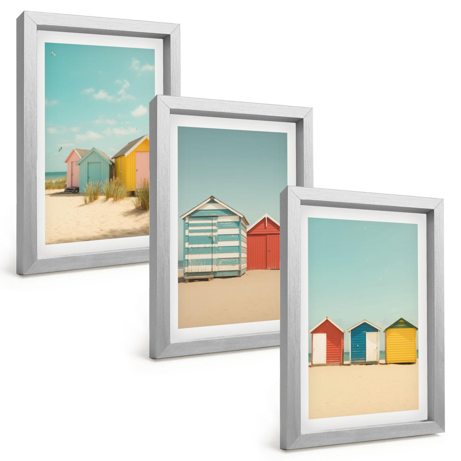 BILDER SET 3er Set - 20x30 cm Silberner Rahmen - Bunte Häuser, Strand, Sonne - Silberfarben, Kunststoff (20/30cm) - TULUP