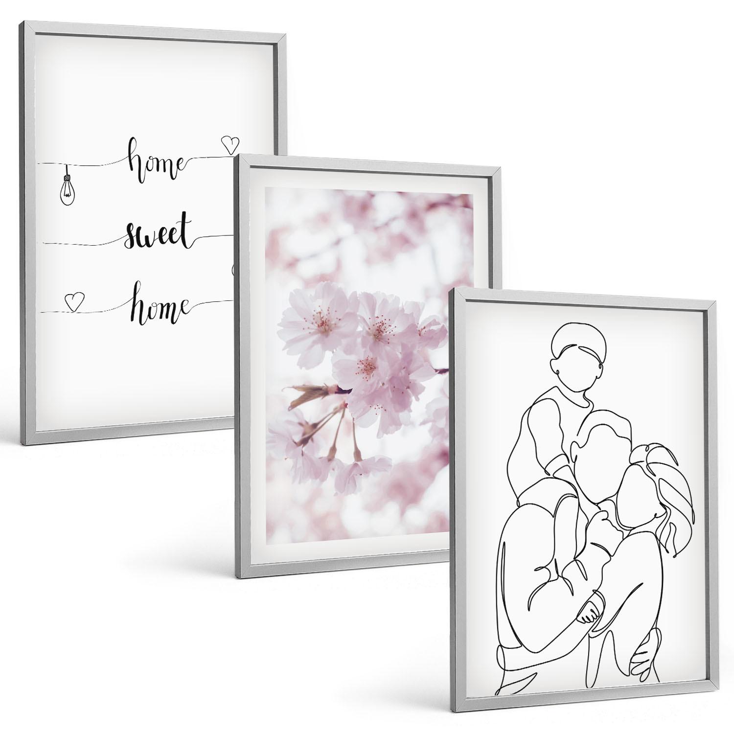 BILDER SET 3er Set - 40x60 cm Silberner Rahmen - Blumenfamilie minimalistisch - Silberfarben, Kunststoff (40/60cm) - TULUP
