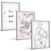 BILDER SET 3er Set - 40x60 cm Silberner Rahmen - Blumenfamilie minimalistisch - Silberfarben, Kunststoff (40/60cm) - TULUP