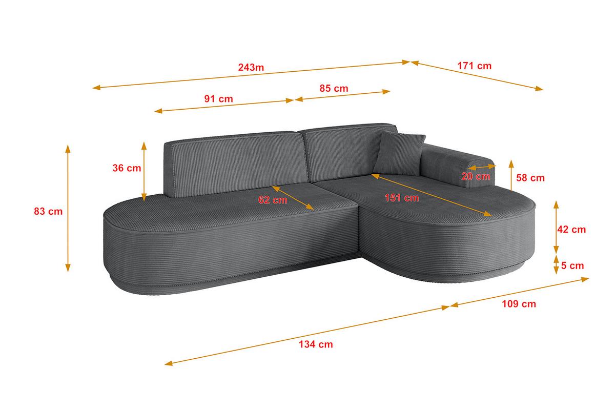 ECKSOFA Ottomane Rechts MARI-L1-v3 - 243x171x83 cm Dunkelgrau Cord - Dunkelgrau/Schwarz, Holzwerkstoff/Kunststoff (171/243cm) - ALTDECOR