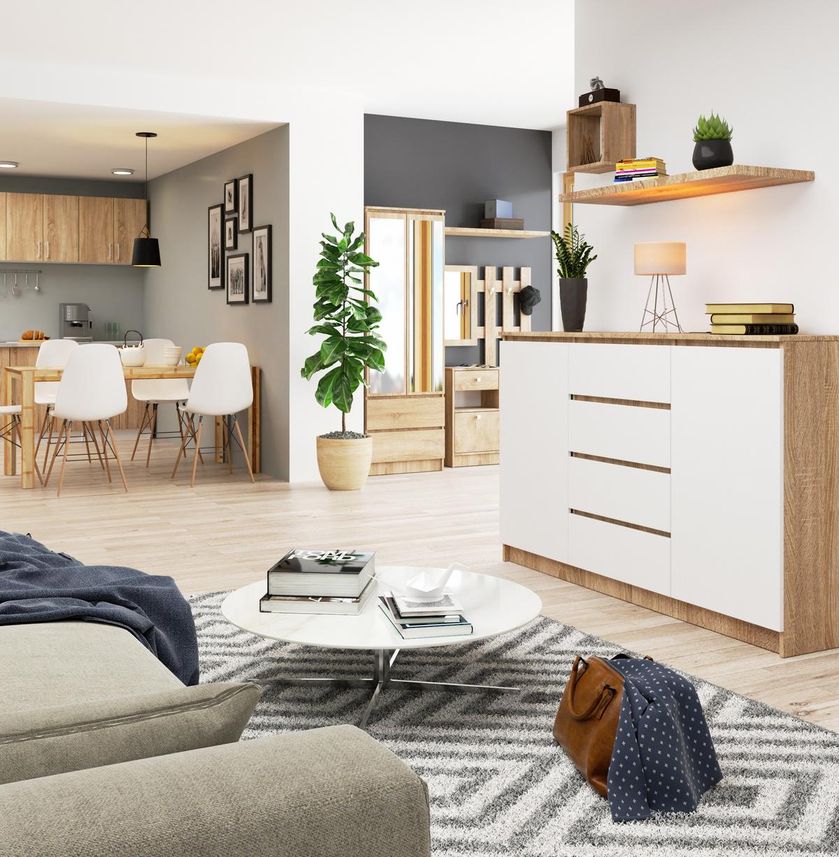 KOMMODE Eiche Sonoma, Weiß 99/160/40 - Weiß, Holzwerkstoff (160/99/40cm) - RAUMHIRSCH FURNITURE