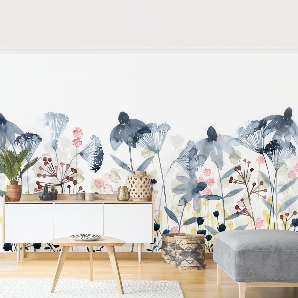 FOTOTAPETE Wildblumen Aquarell I 432/290 cm - Weiß, Papier (432/290cm) - Bilderwelten