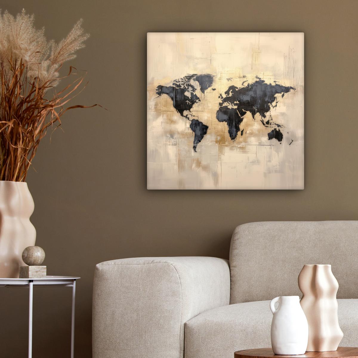 LEINWANDBILD Weltkarte - Gold - Schwarz - Abstrakt Wandbild Wohnzimmer 50x50 cm - Kupferfarben, Textil (50/50cm) - MuchoWow