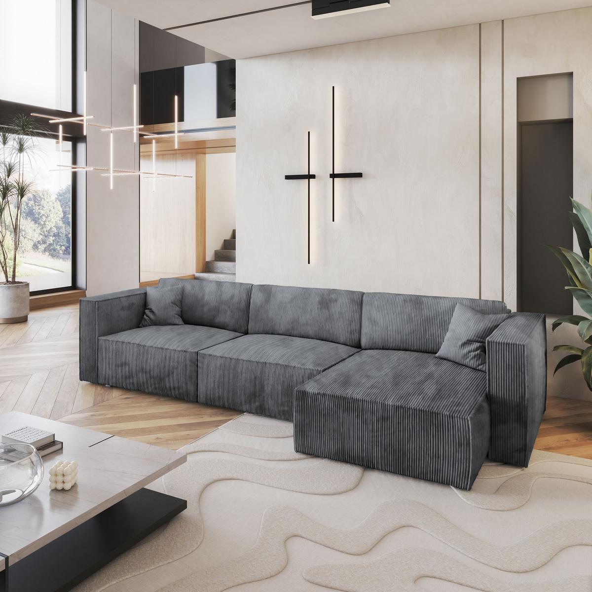 ECKSOFA TOLMO P Grau Kordstoff mit Schlaffunktion - Grau, Holz/Kunststoff (347/148cm) - MASSENO
