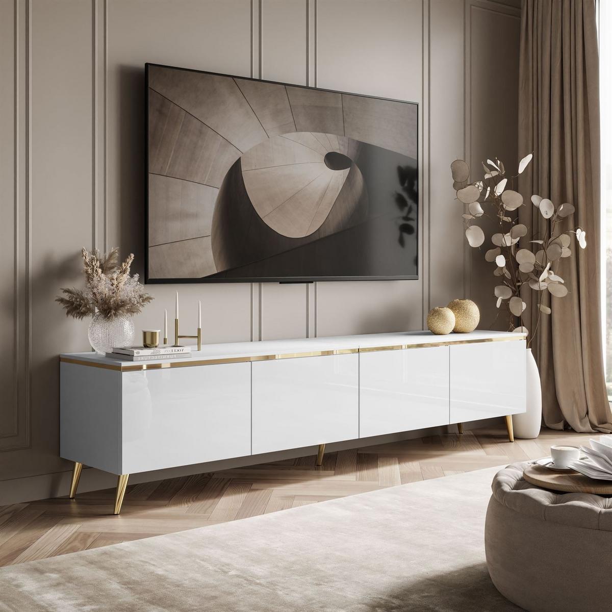 TV-RACK CELINE GLOSS 200 cm auf schräge goldenen Füßen - Weiß, Holzwerkstoff (200/48/40cm) - Lookway