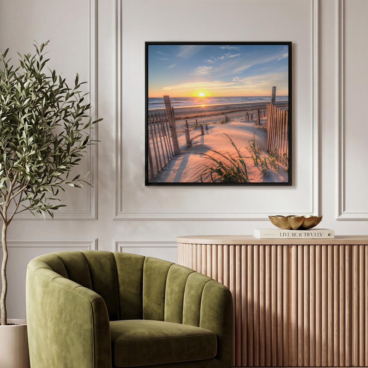LEINWAND Bilder mit Rahmen - Strand - Meer - Düne - Sonnenuntergang - Landschaft - 50x50 - Beige, Textil (50/50cm) - MuchoWow