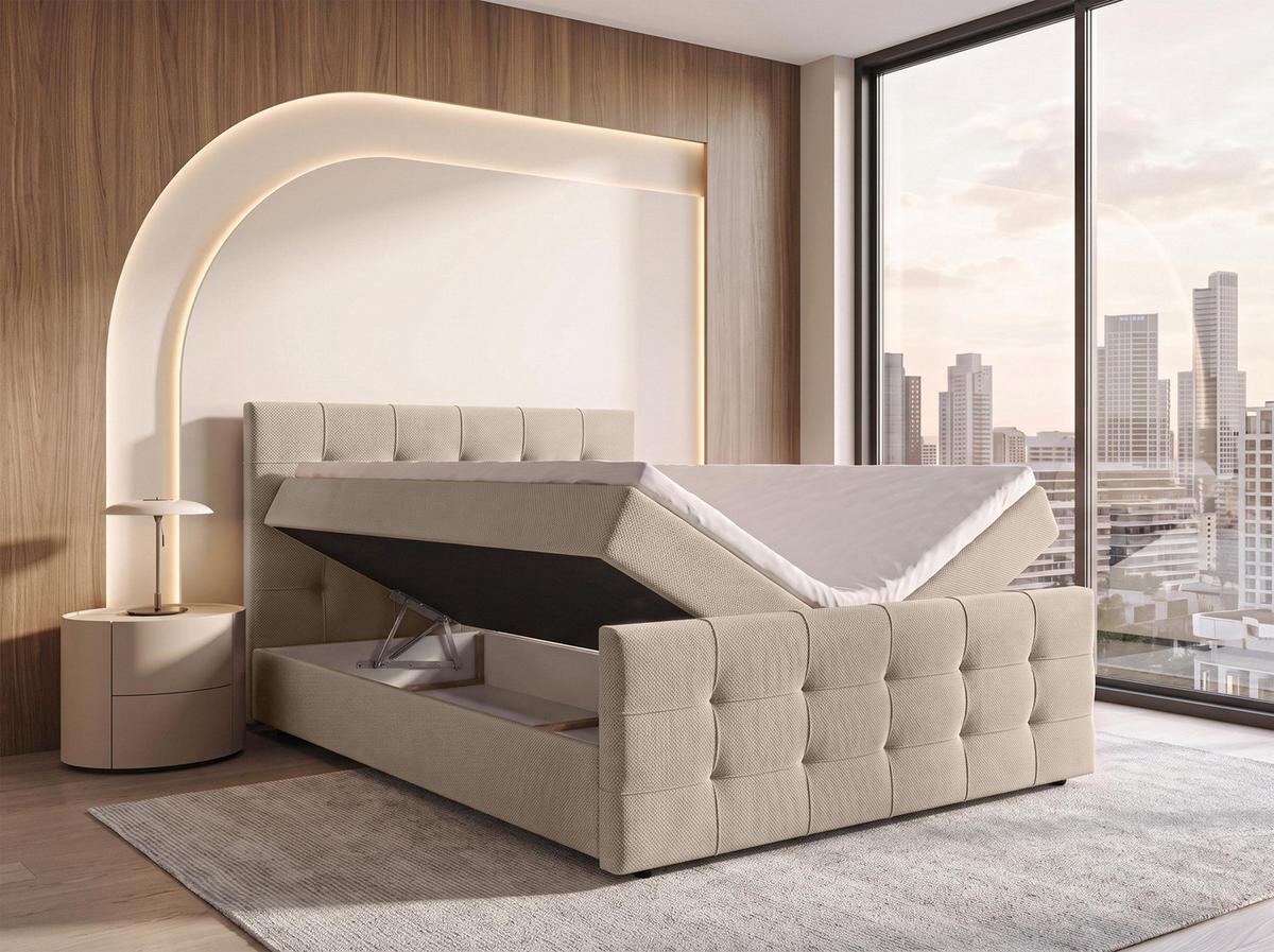 BOXBETT DEFNE 140x200 cm mit Fußteil und Matratze - Creme + TOPPER - Creme/Schwarz, Holz/Holzwerkstoff (140/200cm) - AX Living