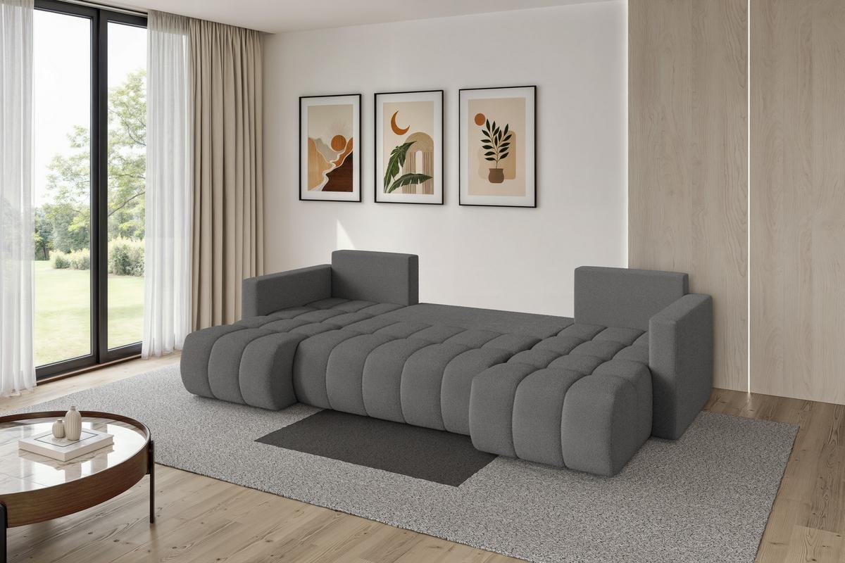 WOHNLANDSCHAFT mit Schlaffunktion und Bettkasten GARD-U 300x146x85 Grau Bouclé - Schieferfarben/Schwarz, Holzwerkstoff/Kunststoff (300/85/146cm) - ALTDECOR