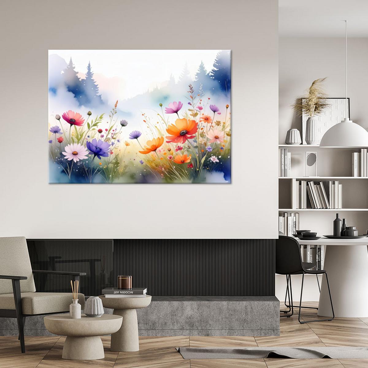 BILD auf Leinwand, Feld Blumen Wald Pastell Landschaft - Multicolor, Textil (30/20cm) - Feeby