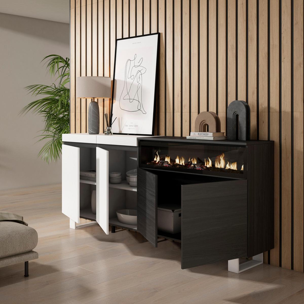 SIDEBOARD Elektrokamin, weiß und schwarz, 200/35/87cm - Multicolor/Schwarz, Holzwerkstoff (200/87/35cm) - Skraut Home