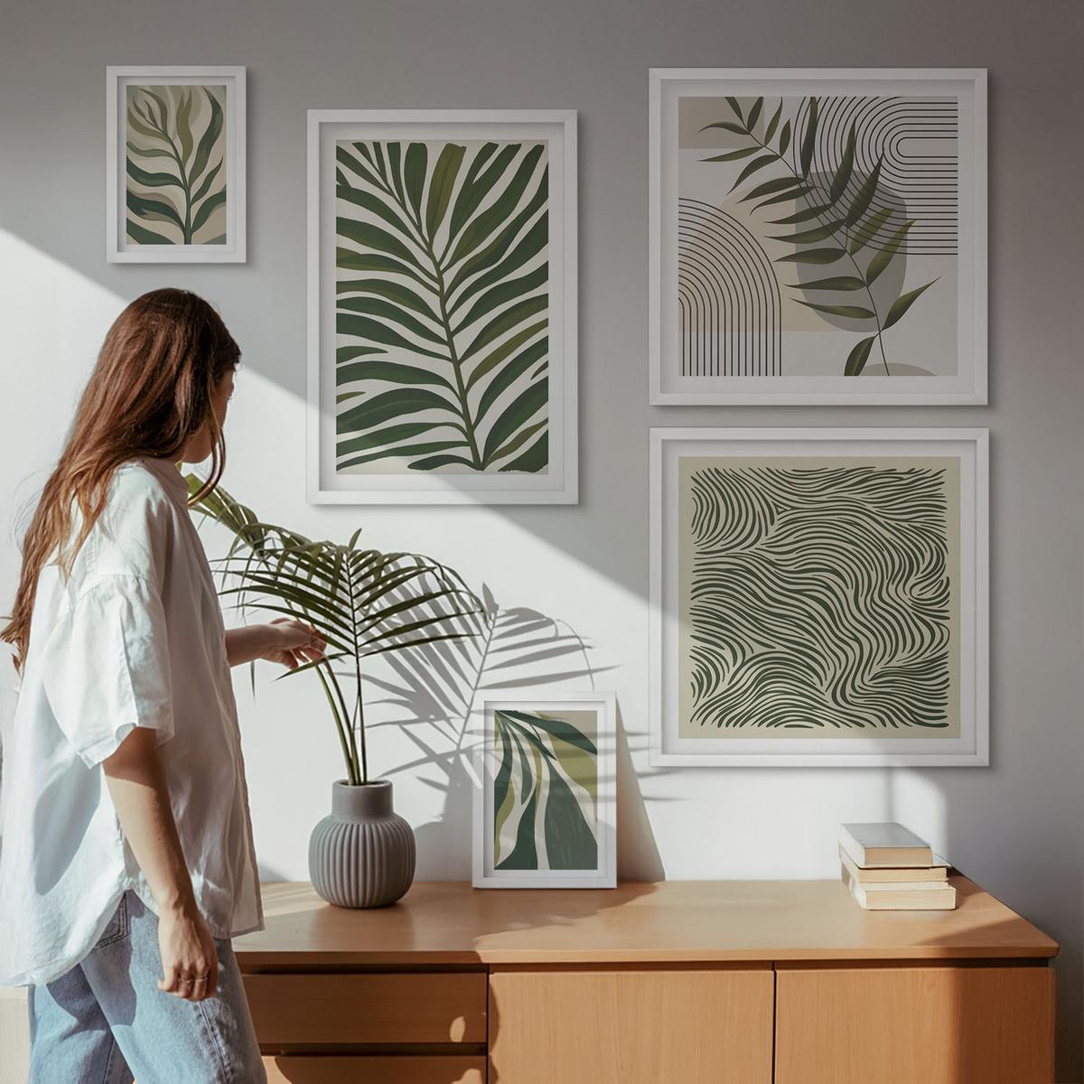 BILDER SET 5er Set - 50x50 cm & 20x30 cm & 40x60 cm Weißer Rahmen - Blätter, Wellen – Pastellillustrationen - Weiß, Kunststoff (40/60cm) - TULUP