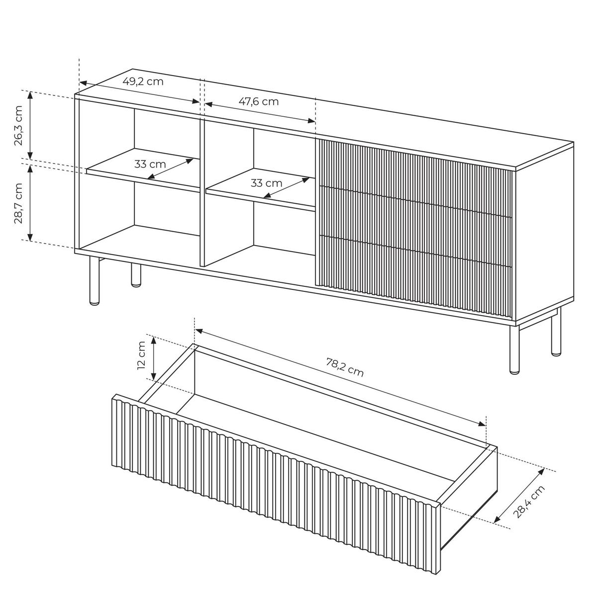 SIDEBOARD Trentinis 2T 3S Beige 187,1/41,4/39,5 cm – Geriffelte Fronten - Eichefarben, Holzwerkstoff/Metall (187.1/79.8/39.5cm) - AX Living