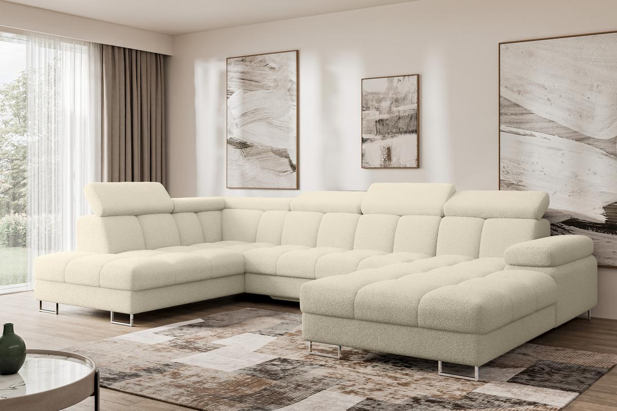 WOHNLANDSCHAFT mit Schlaffunktion und Bettkasten Ottomane Links COMA U 345x203x79 Beige Bouclé - Sandfarben, Holzwerkstoff/Textil (345/79/203cm) - ALTDECOR