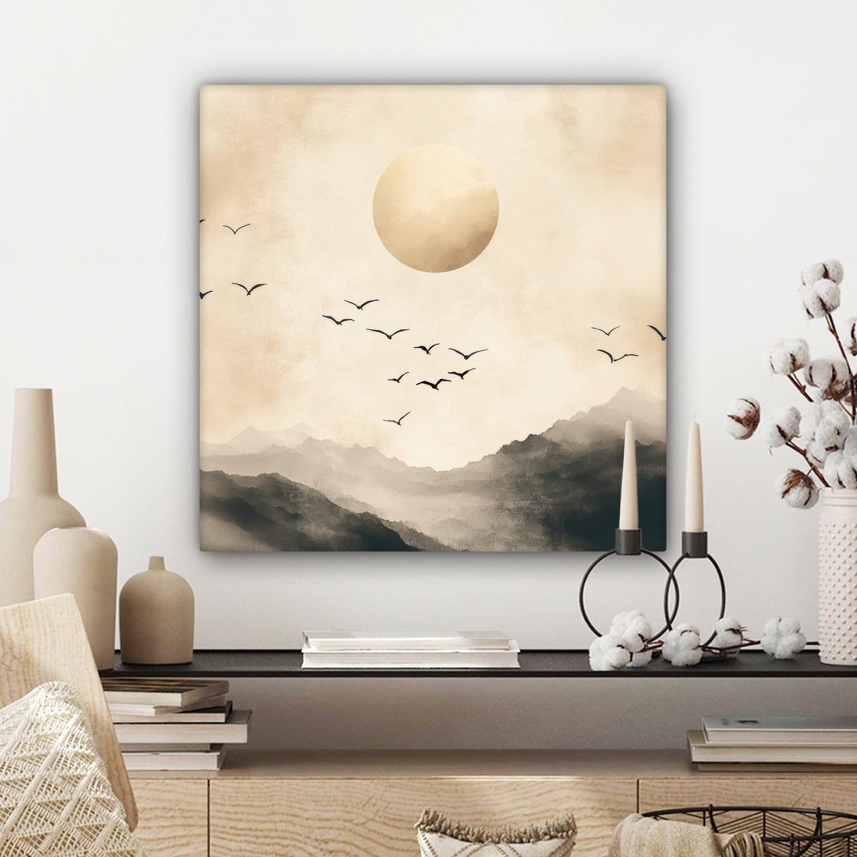 LEINWANDBILD Landschaft - Japandi - Vogel Wandbild Wohnzimmer 50x50 cm - Beige, Textil (50/50cm) - MuchoWow