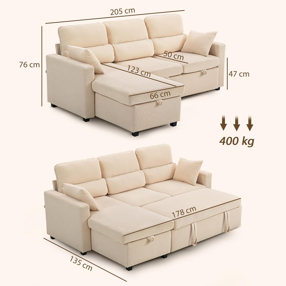 BETTSOFA Verstellbares Gästesofa mit Bettfunktion Stauraum und Kissen - Beige/Schwarz, Kunststoff/Textil (135/205cm) - HOMCOM