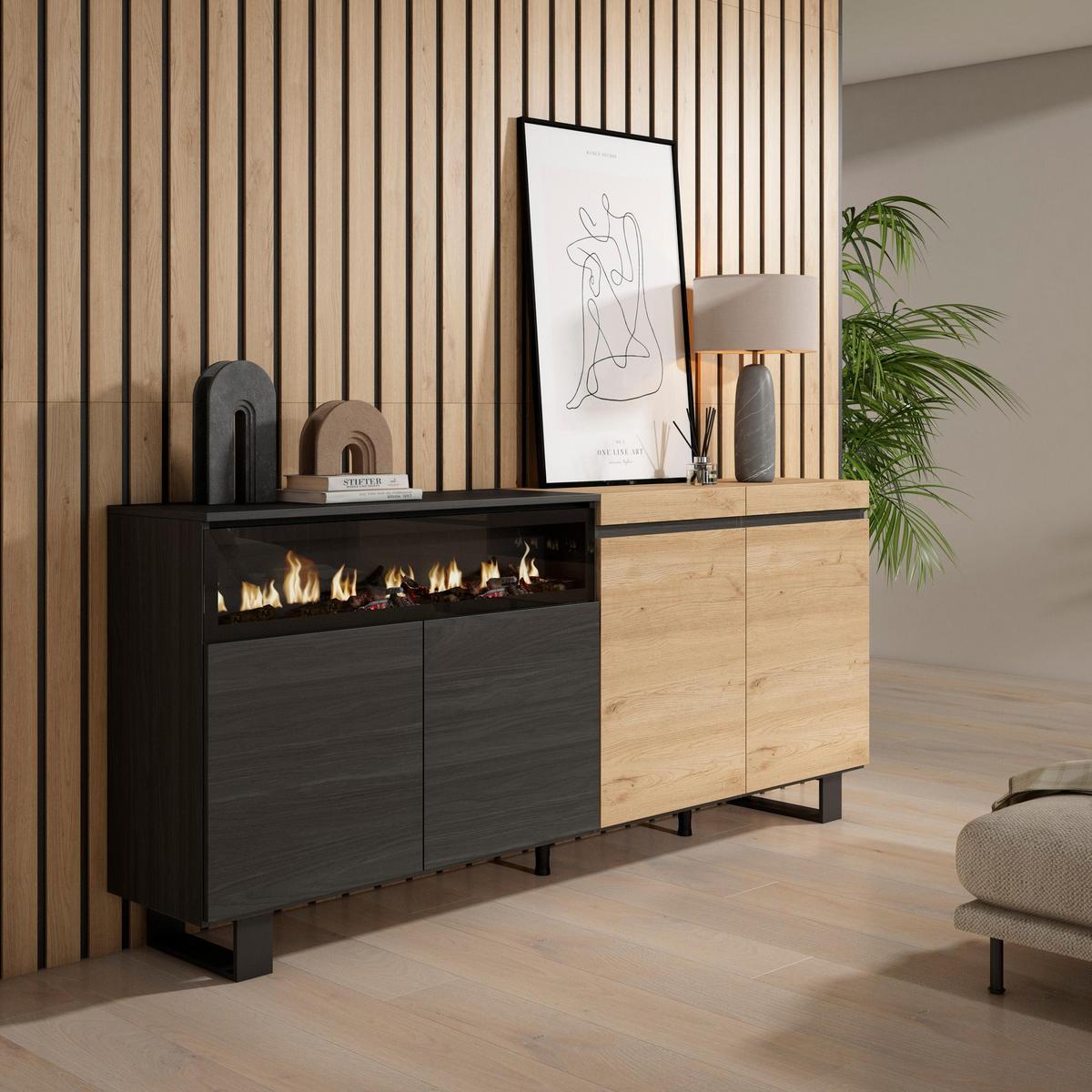 SIDEBOARD Elektrokamin, eiche, schwarz, 200/35/87cm - Beige/Multicolor, Holzwerkstoff (200/87/35cm) - Skraut Home