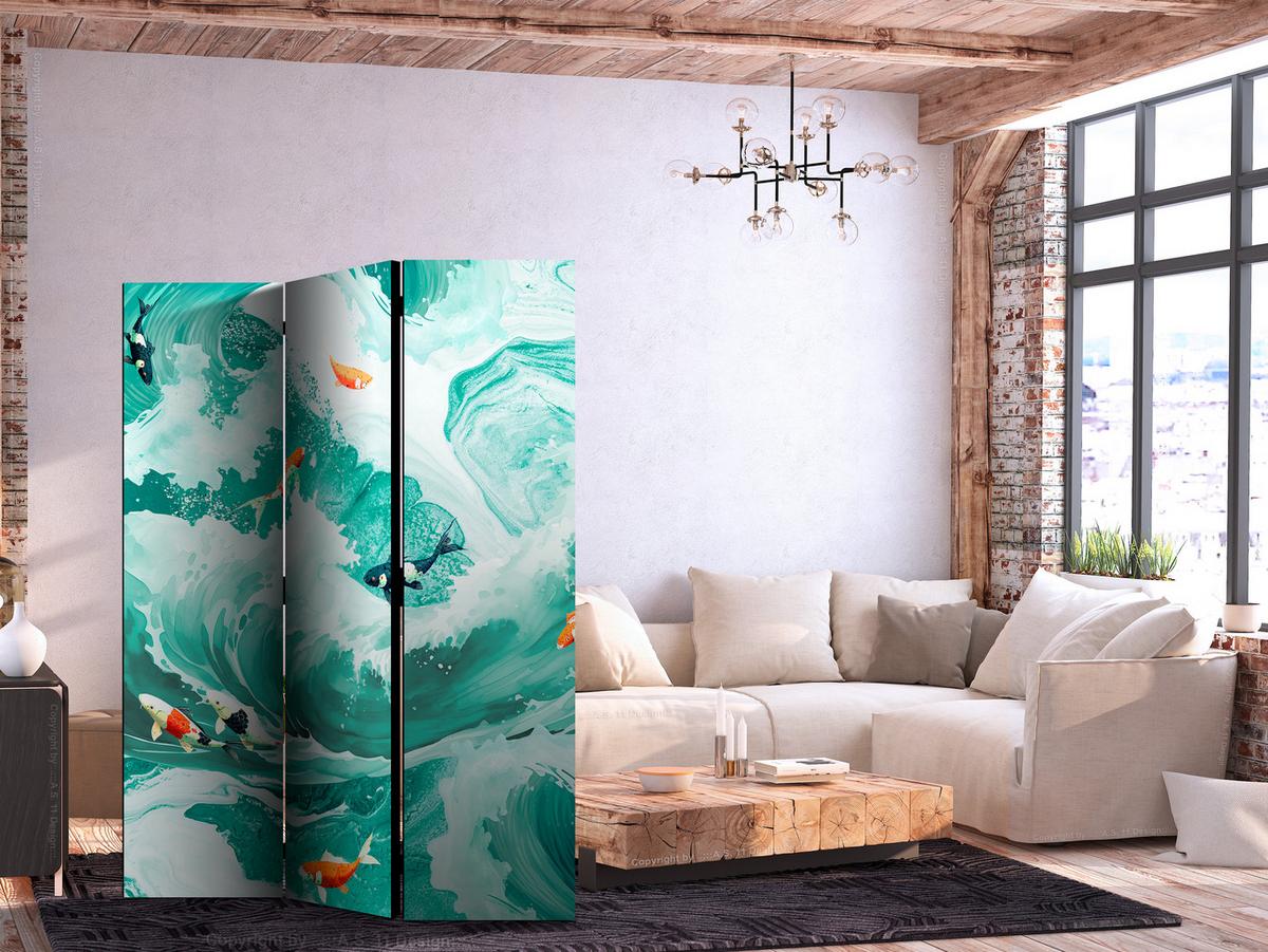 PARAVENT Beidseitig Bedruckter 3-tlg 135x172 cm Fische im Ozean - Multicolor, Holz/Textil (135/172/3cm) - Muralo