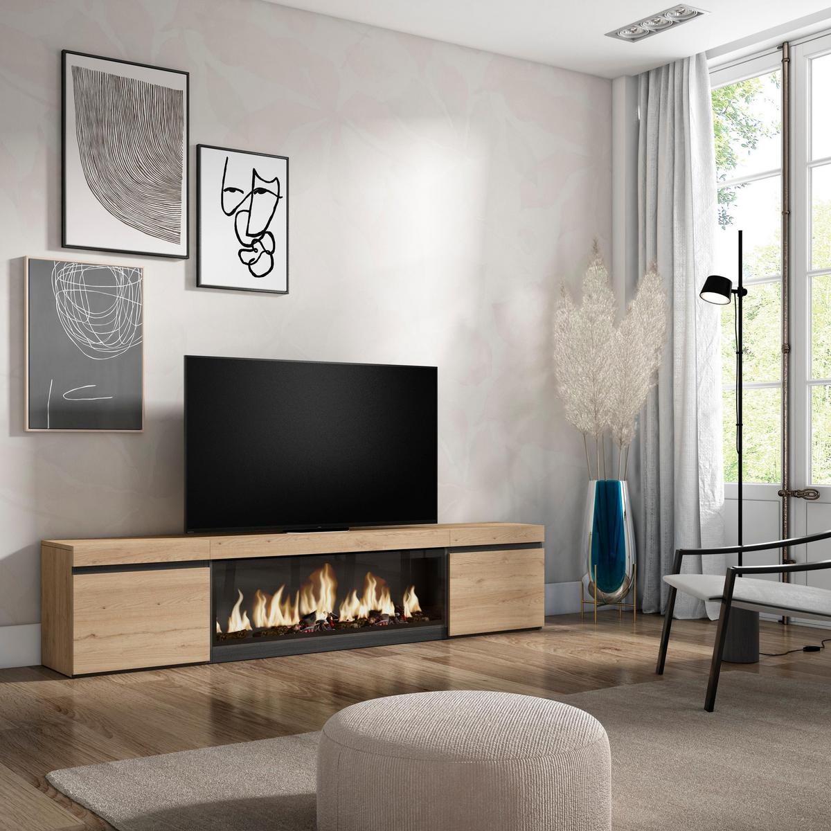 LOWBOARD, Tv-Schrank, mit Elektrokamin XXL, Eiche, 208/35/45cm - Eichefarben/Multicolor, Holzwerkstoff (208/45/35cm) - Skraut Home