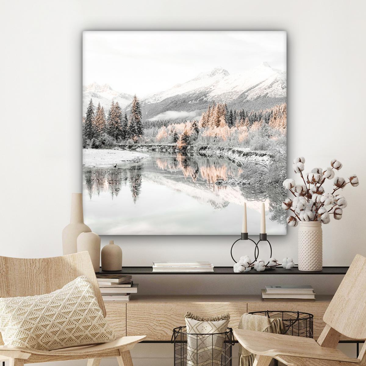 LEINWANDBILD Natur - Winter - Bäume - Berge - Schnee Deko Groß 90x90 cm - Weiß Hochglanz, Textil (90/90cm) - MuchoWow
