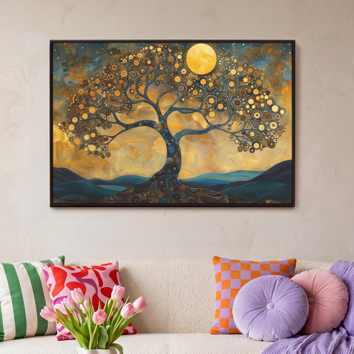 LEINWAND Bilder mit Rahmen - Baum - Mond - Blumen - Gold - Kunst - 90x60 - Orange, Textil (90/60cm) - MuchoWow