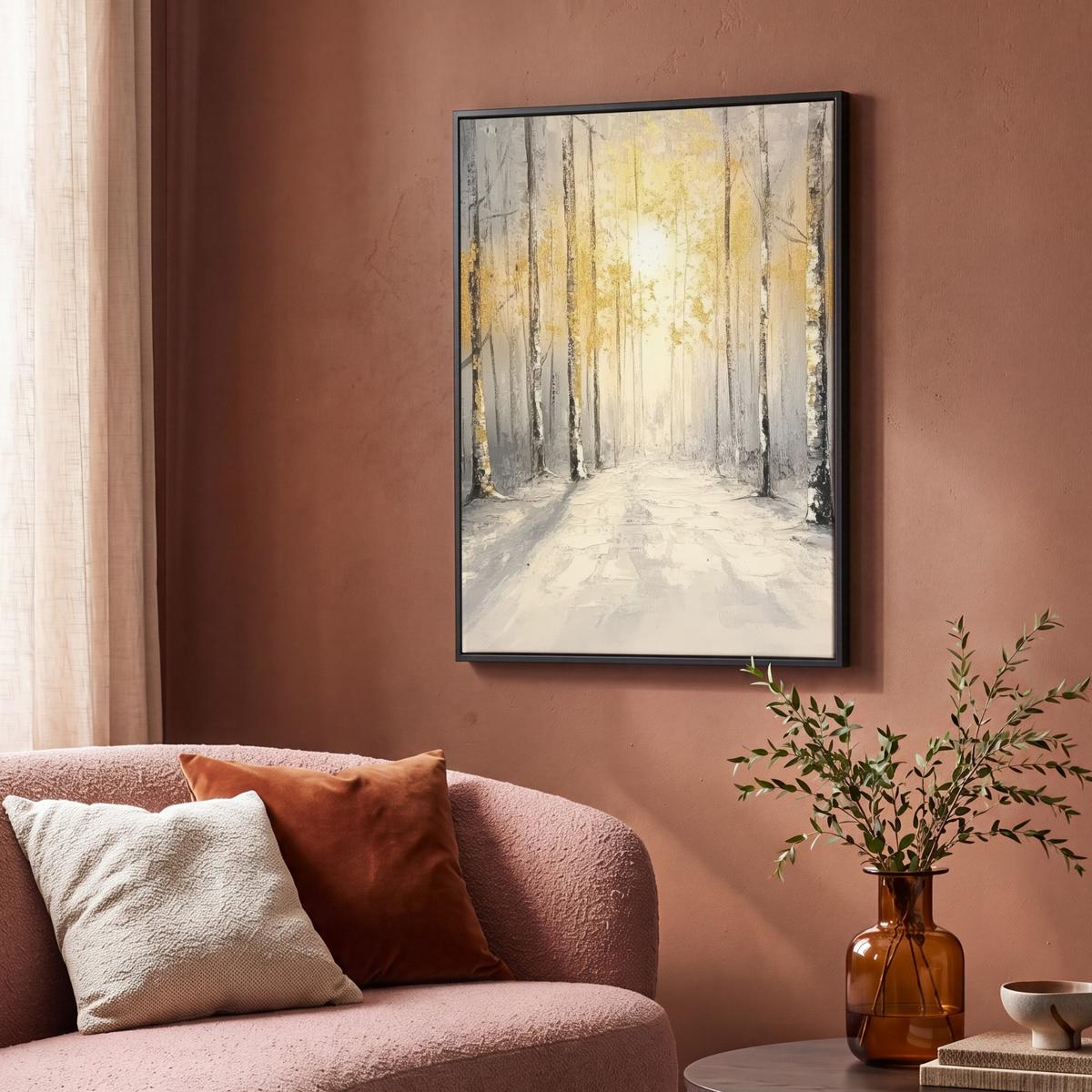 LEINWAND Bilder mit Rahmen - Winter - Abstrakt - Schnee - Natur - Sonne - 70x100 - Grau, Textil (70/100cm) - MuchoWow