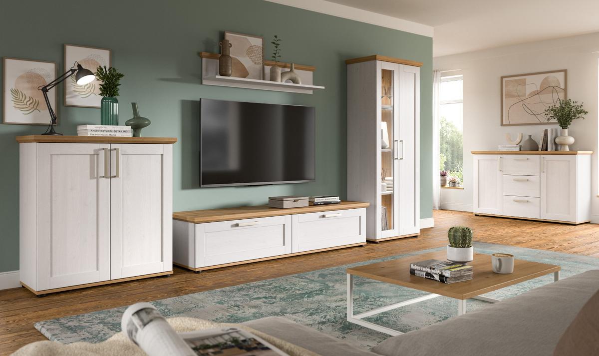 WOHNWAND 4-teilig weiß Lärche, Eiche Artisan 336 cm Landhaus, Schrankwand mit viel Stauraum - Silberfarben/Schwarz, Glas/Holzwerkstoff (336/161/40cm) - Inn.Furn
