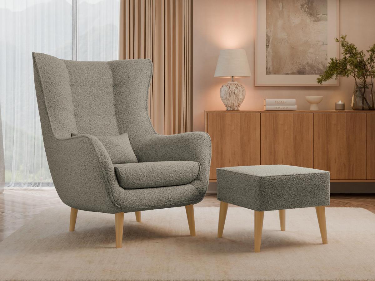 SESSEL Estjano Boucle mit Fußbank - Hellbraun/Beige, Holz/Textil (80/106/95cm) - MIRJAN24