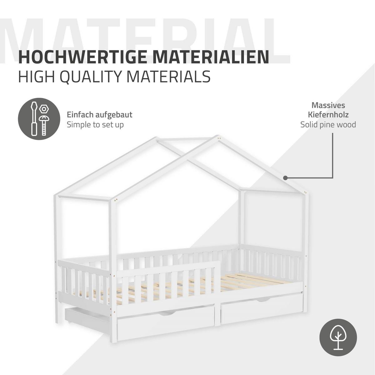 HAUSBETT 90x200 cm Weiß aus Kiefernholz mit 2 Schubladen und Rausfallschutz - Weiß, Holz (90/200cm) - ML-DESIGN