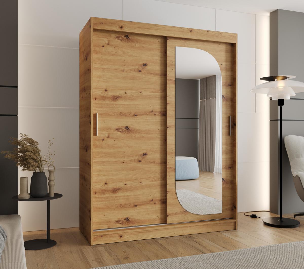 SCHIEBETÜRENSCHRANK mit Spiegel LUCY 200/150/62 2-türig - Silberfarben/Eiche Artisan, Holz (150/200/62cm) - MÖBEL KRYSPOL