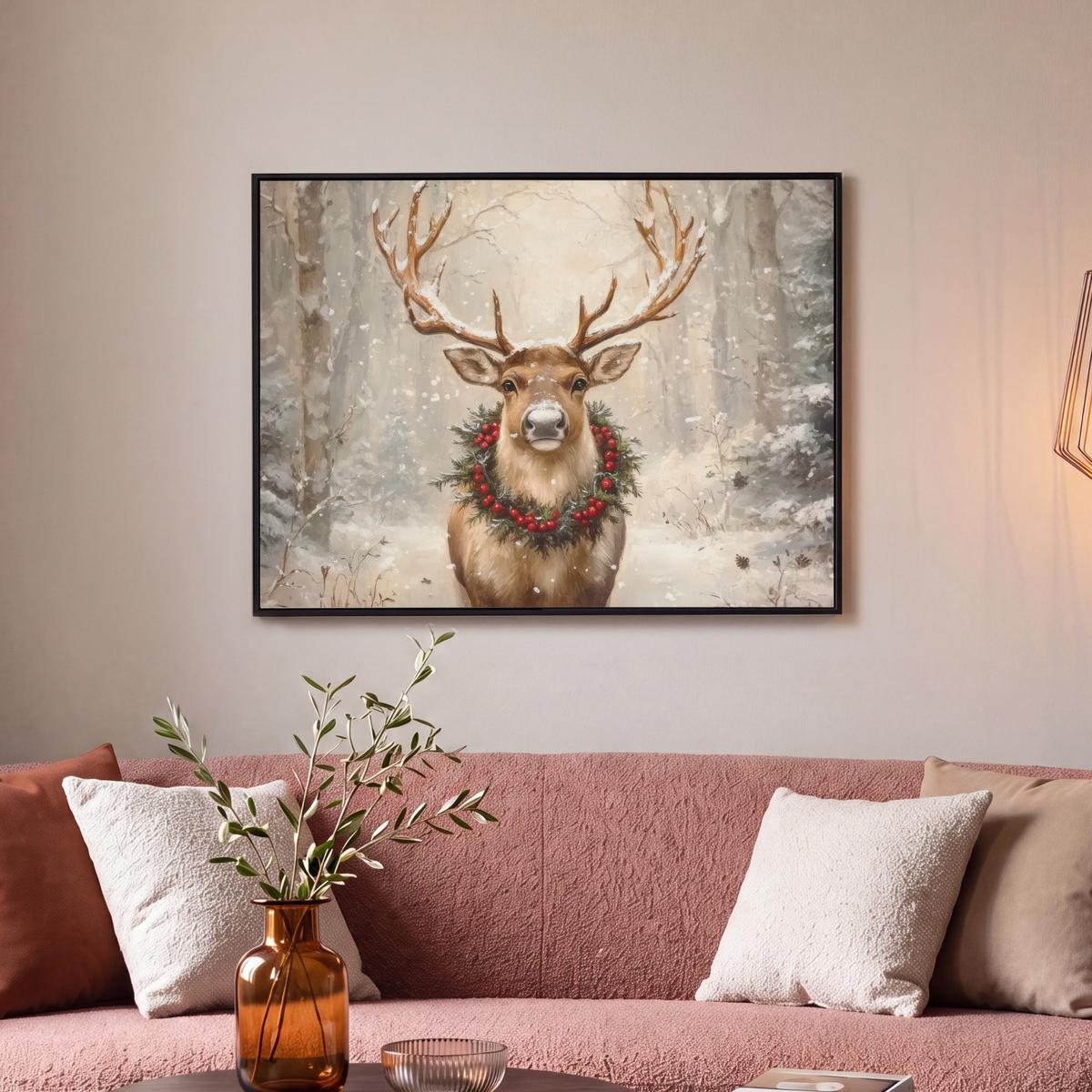 LEINWAND Bilder mit Rahmen - Weihnachten - Rentier - Winter - Kranz - 80x60 - Naturfarben, Textil (80/60cm) - MuchoWow