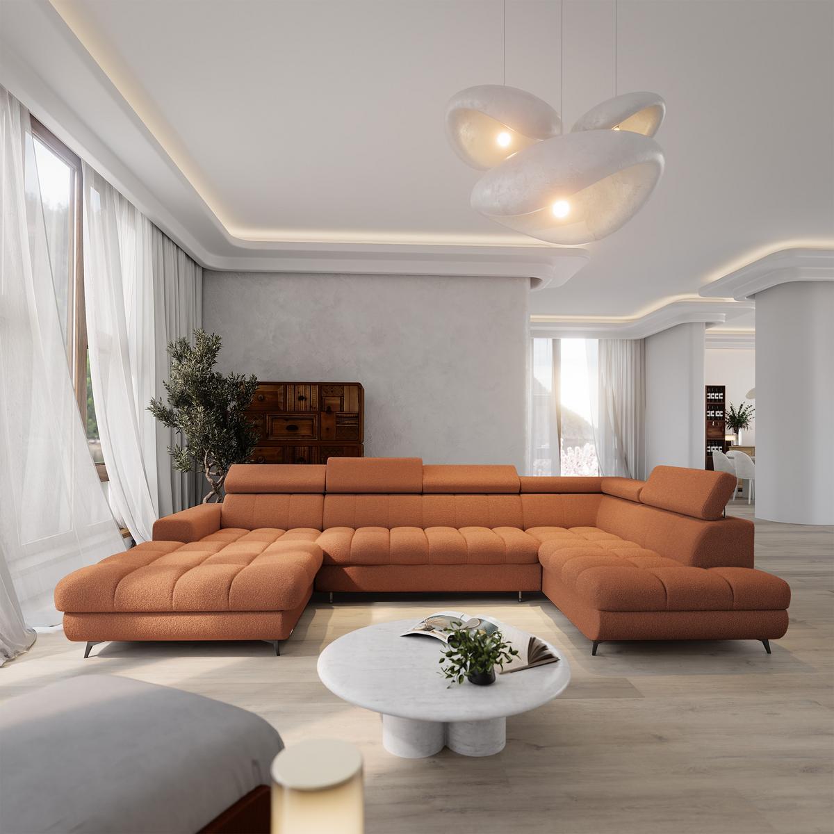 WOHNLANDSCHAFT CORENO Orange Boucle-Stoff mit Schlaffunktion - Terracotta, Holz (345/88/190cm) - MASSENO