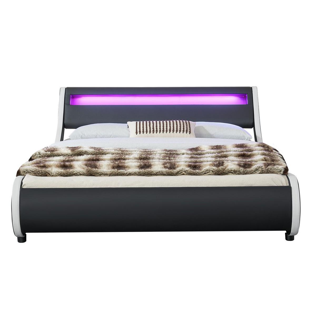 POLSTERBETT Valencia schwarz 140x200cm mit Matratze und LED (16 Farben) - Schwarz, Textil (140/200cm) - Juskys