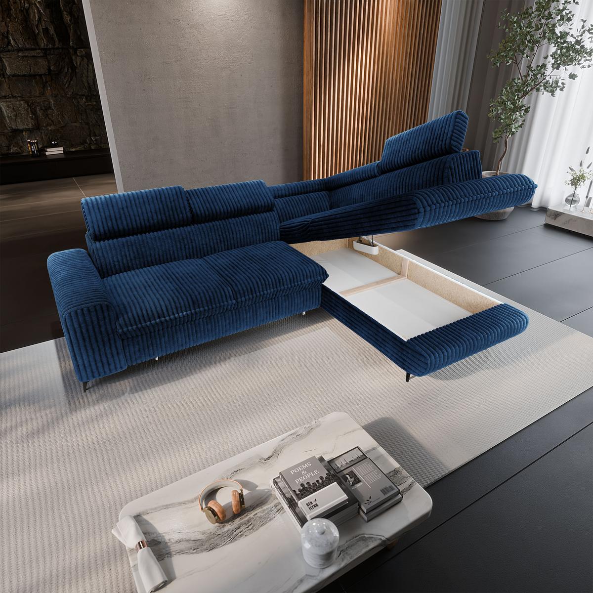 ECKSOFA VELISS Blau Kordstoff mit Schlaffunktion - Blau, Holz (255/193cm) - MASSENO